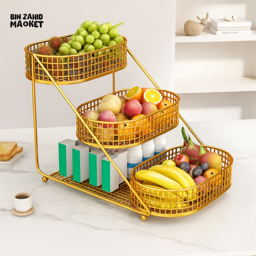LUXORMOVE 3-TIER FRUIT & SNACK BASKET – MODERN GOLD WIRE STAND