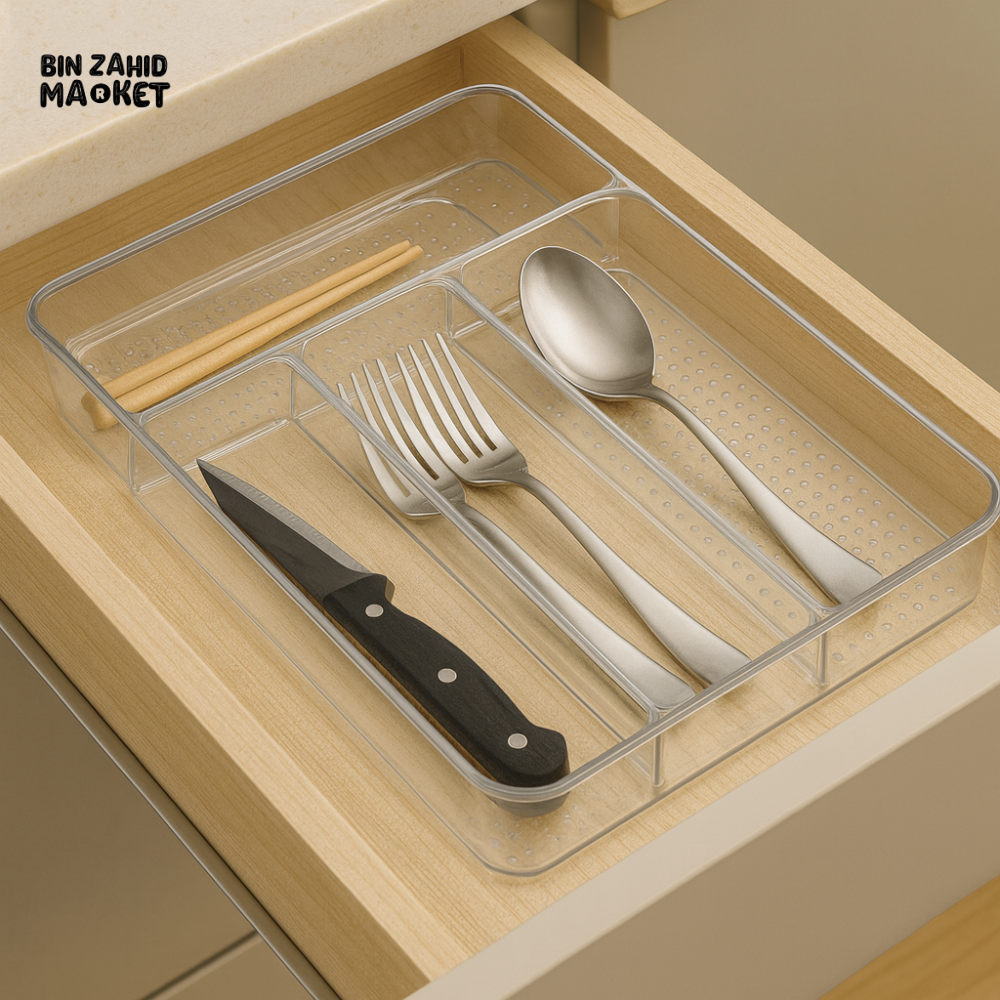 LUXORMOVE 4 PARTITION CLEAR CUTLERY TRAY – KITCHEN DRAWER ORGANIZER FOR SPOONS FORKS KNIVES & ACCESSORIES