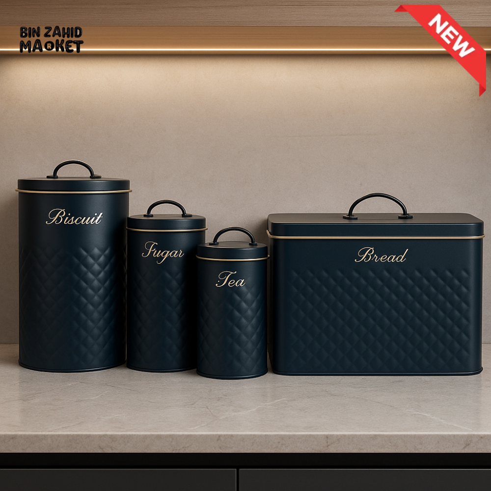 LUXORMOVE 5 PIECE NAVY BLUE METAL CANISTER SET – LUXURY KITCHEN STORAGE FOR BISCUIT SUGAR TEA COFFEE & BREAD WITH GOLD