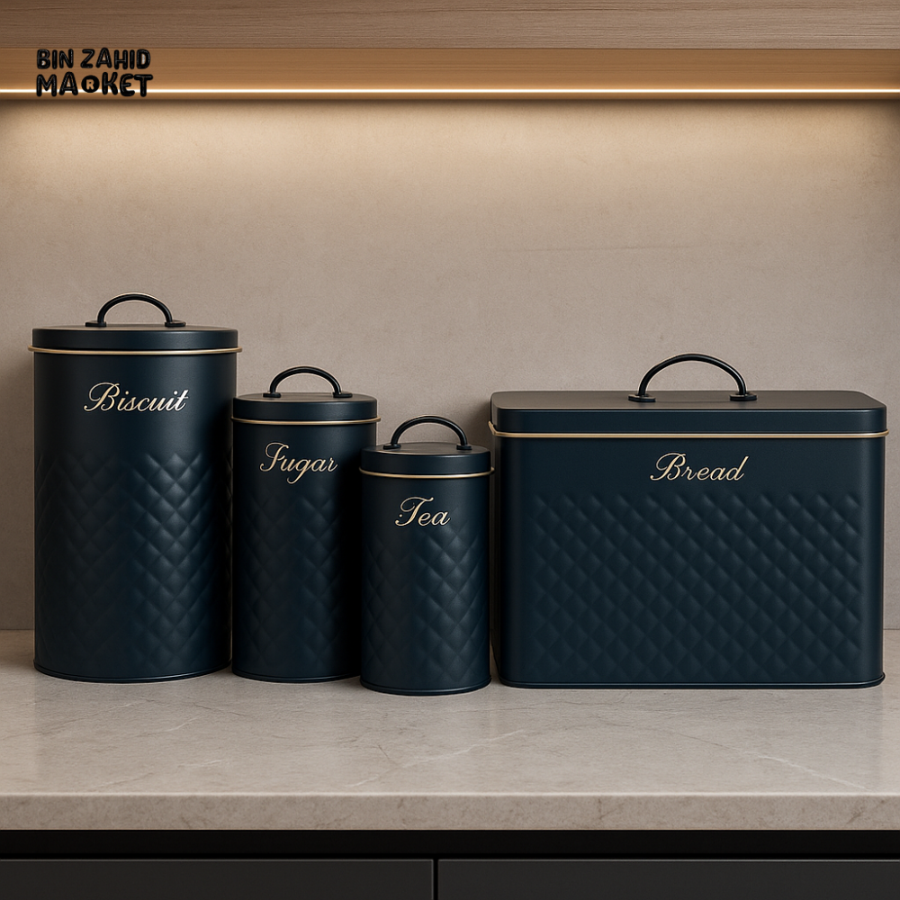 LUXORMOVE 5 PIECE NAVY BLUE METAL CANISTER SET – LUXURY KITCHEN STORAGE FOR BISCUIT SUGAR TEA COFFEE & BREAD WITH GOLD
