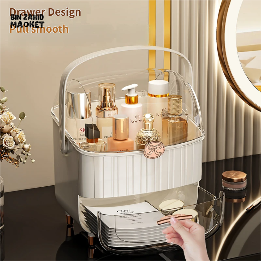 LUXORMOVE DUSTPROOF DESKTOP MAKEUP ORGANIZER WITH LID & DRAWERS – SKINCARE & COSMETIC STORAGE BOX