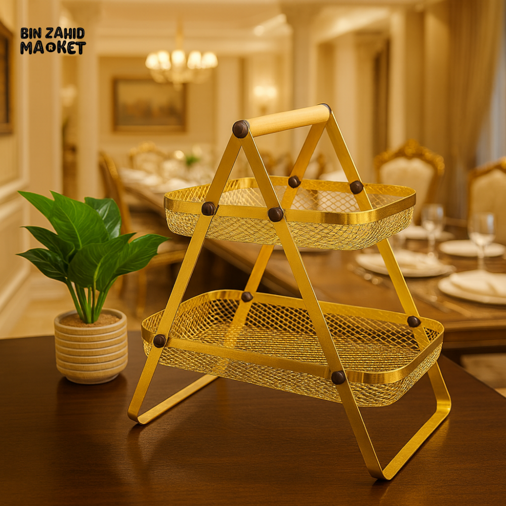 LUXORMOVE GOLDEN TWO TIER MESH SERVING STAND – LUXURY KITCHEN & DINING RACK WITH WOODEN HANDLE
