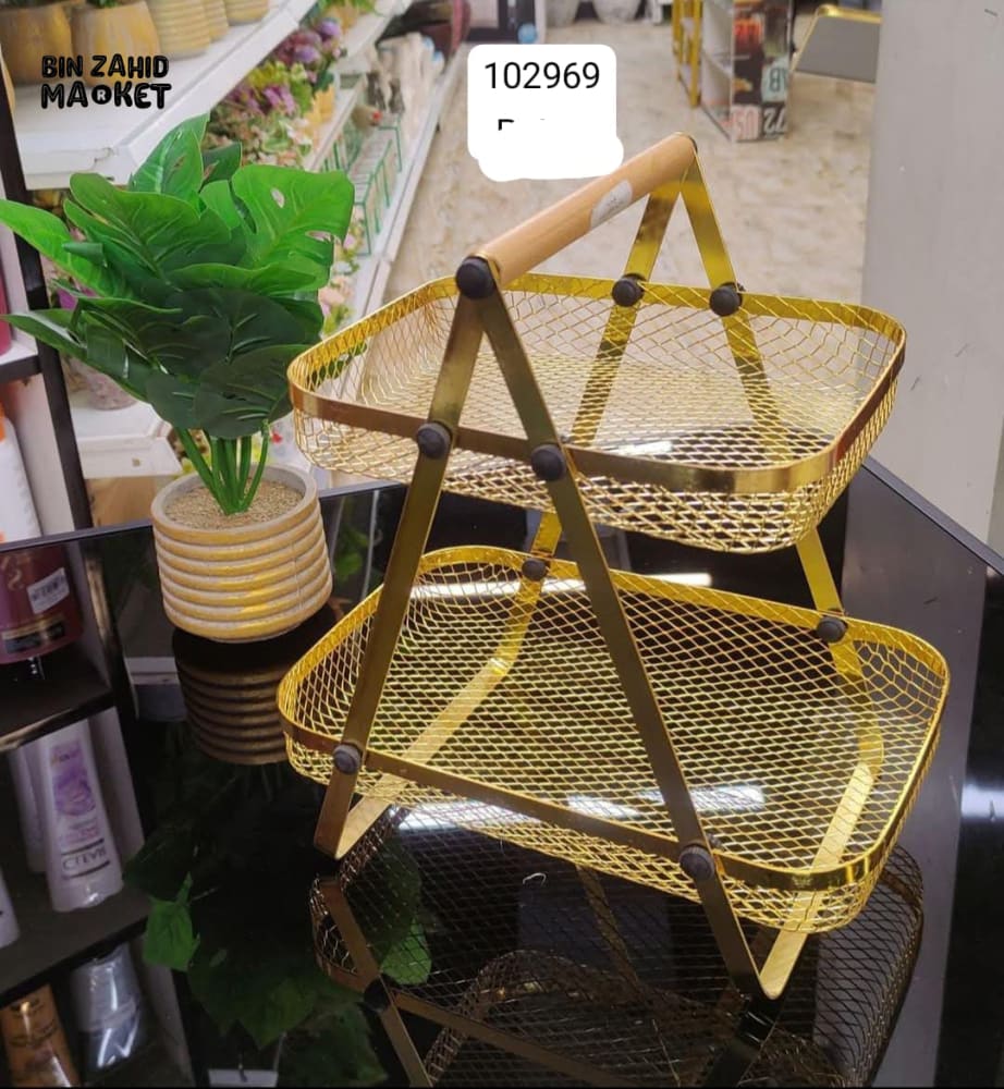 LUXORMOVE GOLDEN TWO TIER MESH SERVING STAND – LUXURY KITCHEN & DINING RACK WITH WOODEN HANDLE