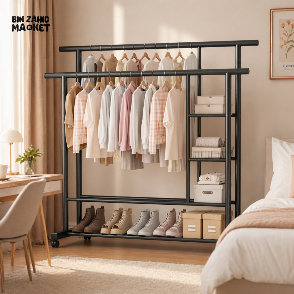 LUXORMOVE HEAVY DUTY DOUBLE ROD CLOTHES RACK WITH STORAGE SHELVES
