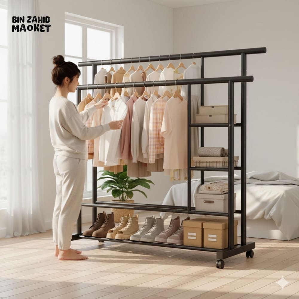 LUXORMOVE HEAVY DUTY DOUBLE ROD CLOTHES RACK WITH STORAGE SHELVES