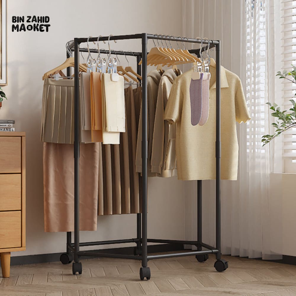 LUXORMOVE HEXAGONAL ROTATING CLOTHES DRYING RACK – MOVABLE METAL GARMENT STAND WITH WHEELS