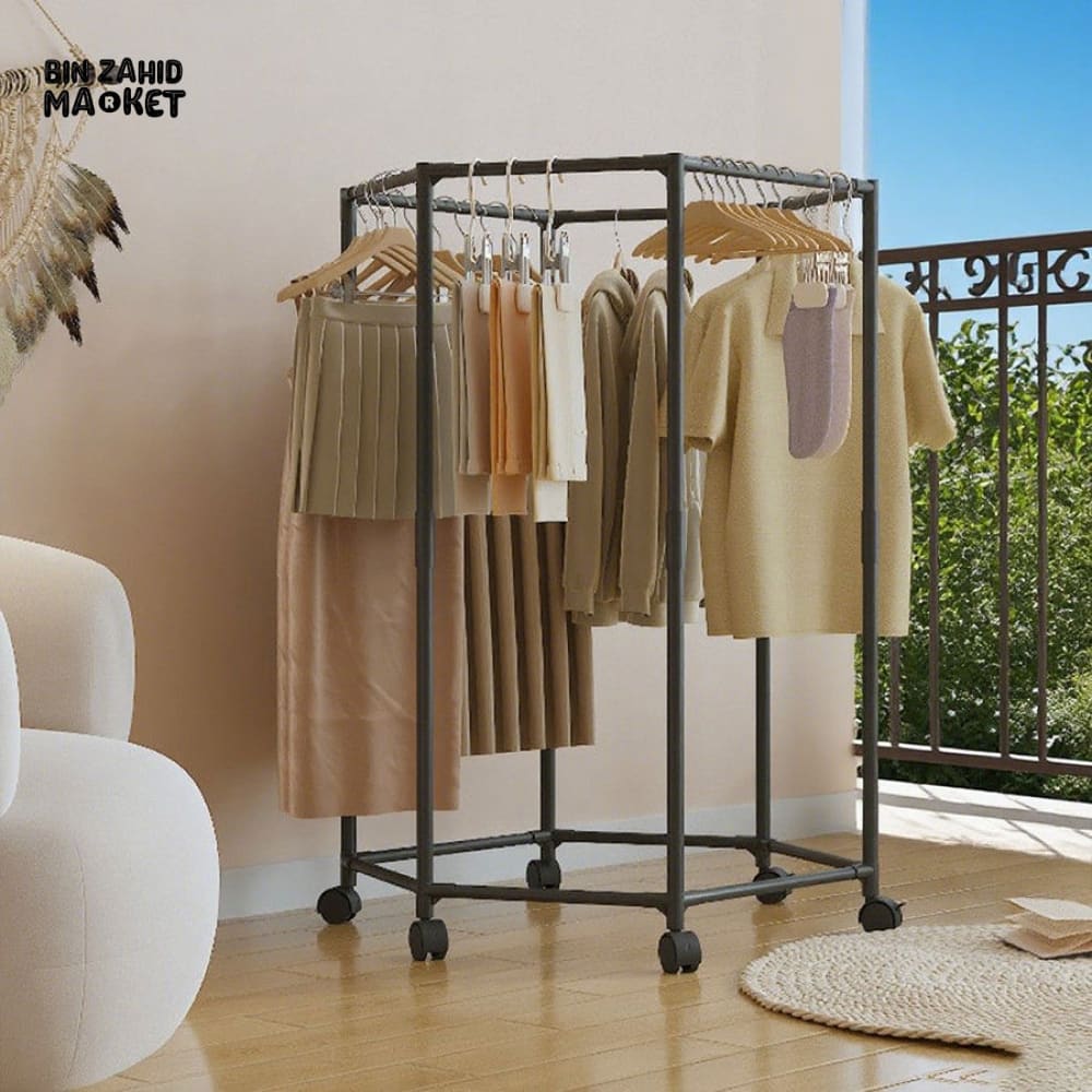 LUXORMOVE HEXAGONAL ROTATING CLOTHES DRYING RACK – MOVABLE METAL GARMENT STAND WITH WHEELS