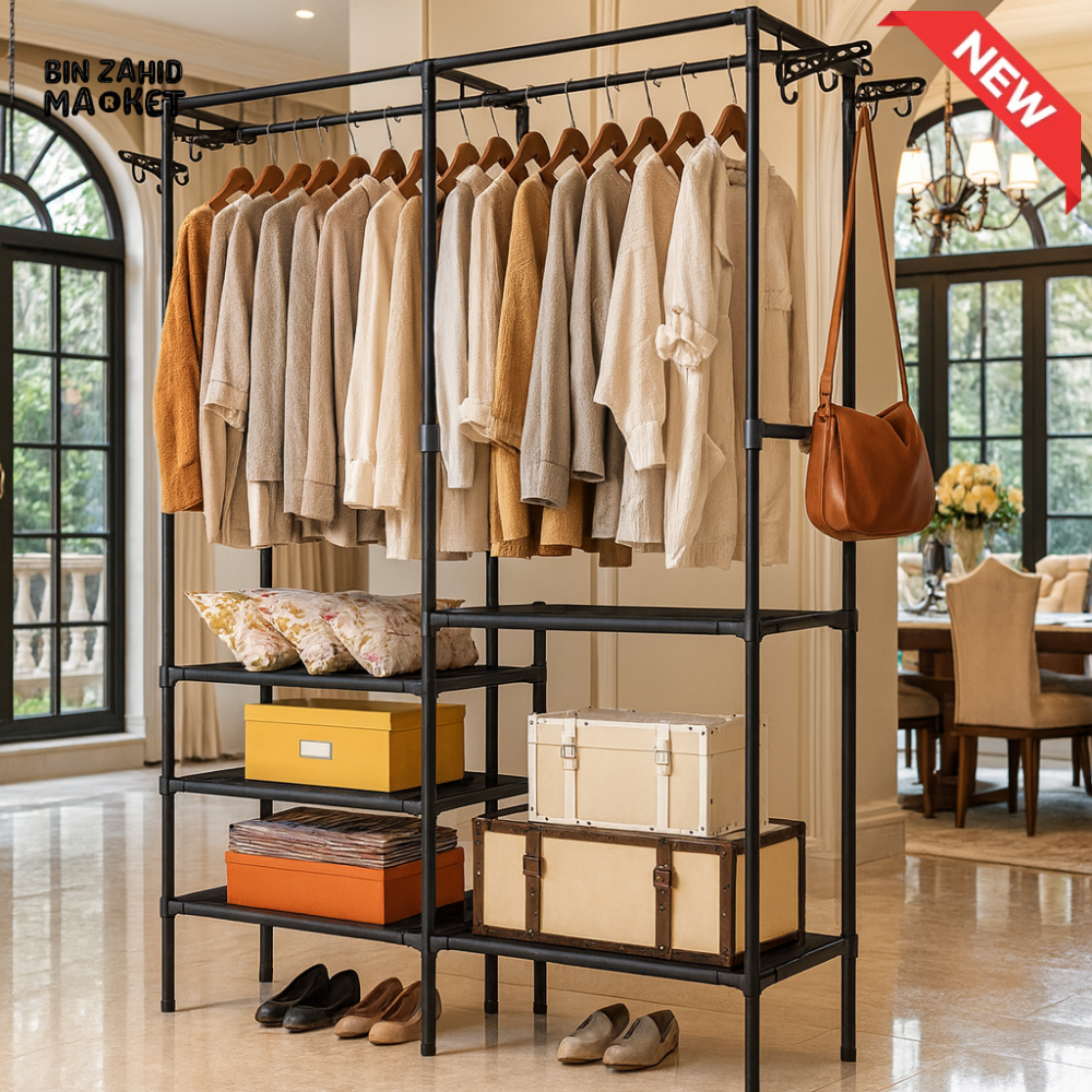 LUXORMOVE LUXURY DOUBLE-RAIL CLOTHING RACK – BLACK GARMENT ORGANIZER WITH SHELVES & SIDE HOOKS
