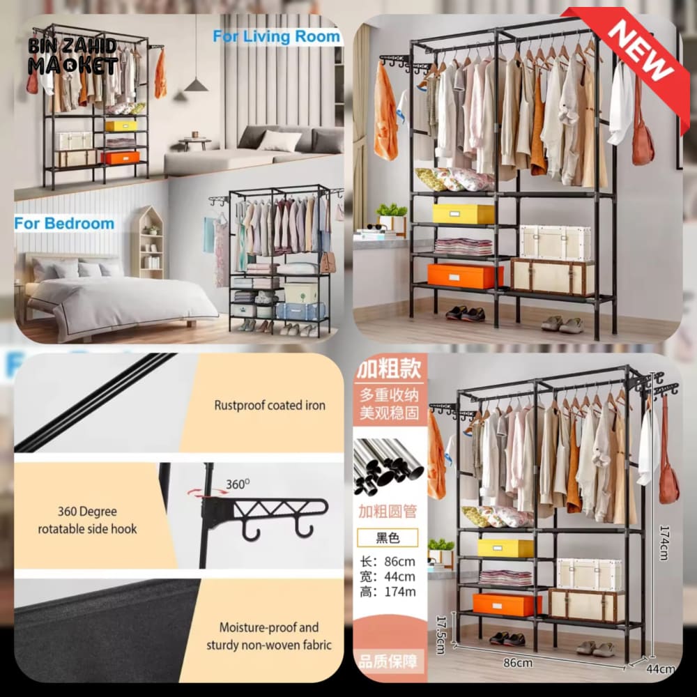 LUXORMOVE LUXURY DOUBLE-RAIL CLOTHING RACK – BLACK GARMENT ORGANIZER WITH SHELVES & SIDE HOOKS
