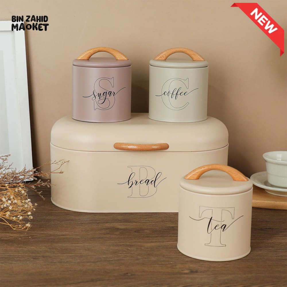LUXORMOVE PREMIUM METAL CANISTERS – 4 PIECES LABELLED SUGAR TEA COFFEE BREAD