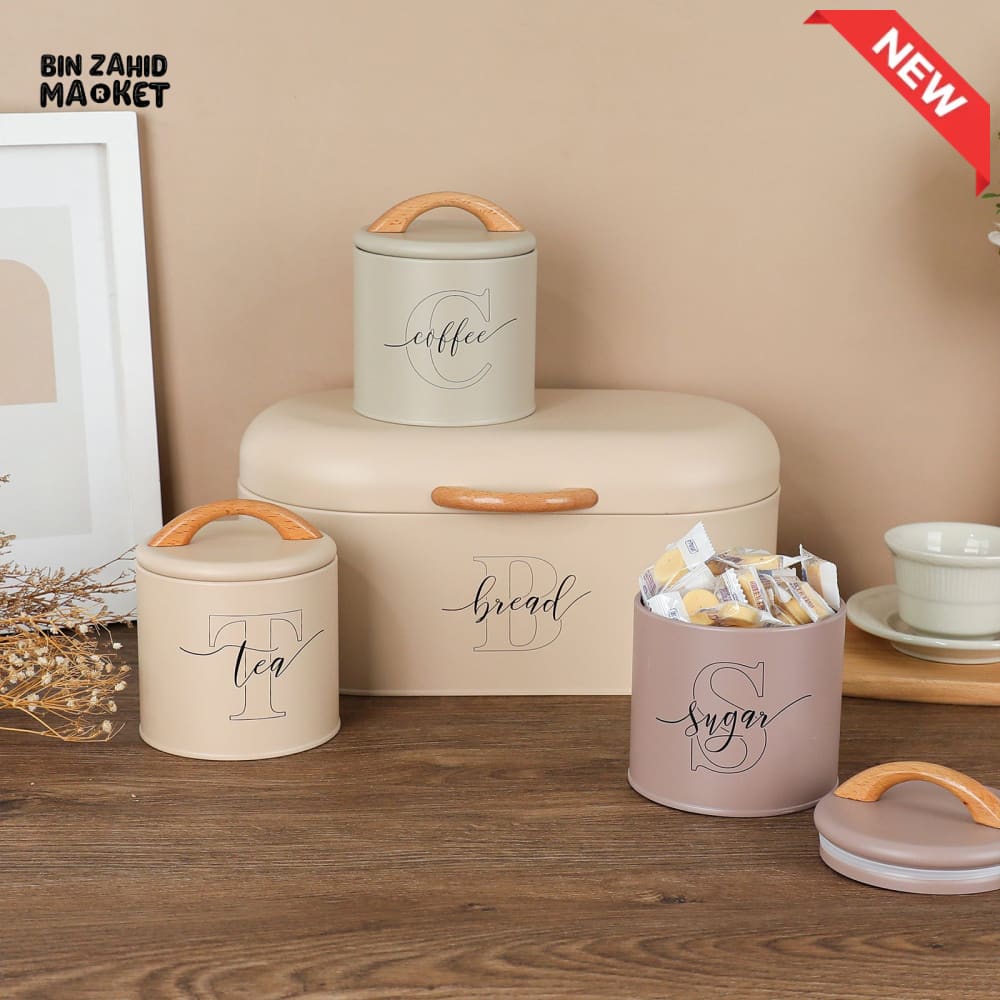 LUXORMOVE PREMIUM METAL CANISTERS – 4 PIECES LABELLED SUGAR TEA COFFEE BREAD