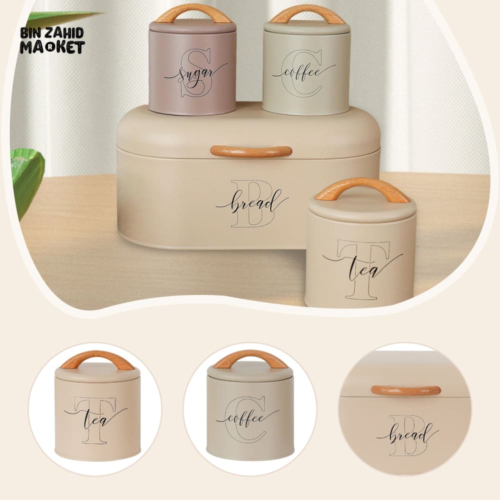 LUXORMOVE PREMIUM METAL CANISTERS – 4 PIECES LABELLED SUGAR TEA COFFEE BREAD