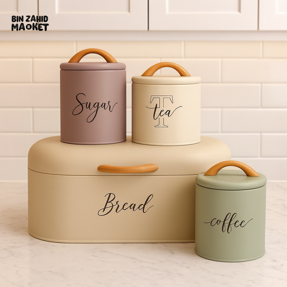 LUXORMOVE PREMIUM METAL CANISTERS – 4 PIECES LABELLED SUGAR TEA COFFEE BREAD