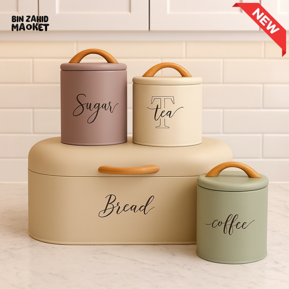 LUXORMOVE PREMIUM METAL CANISTERS – 4 PIECES LABELLED SUGAR TEA COFFEE BREAD