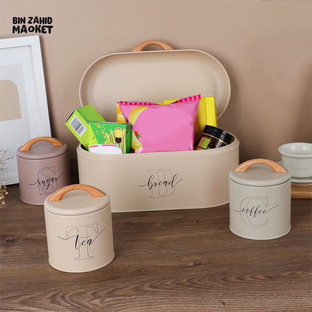 LUXORMOVE PREMIUM METAL CANISTERS – 4 PIECES LABELLED SUGAR TEA COFFEE BREAD