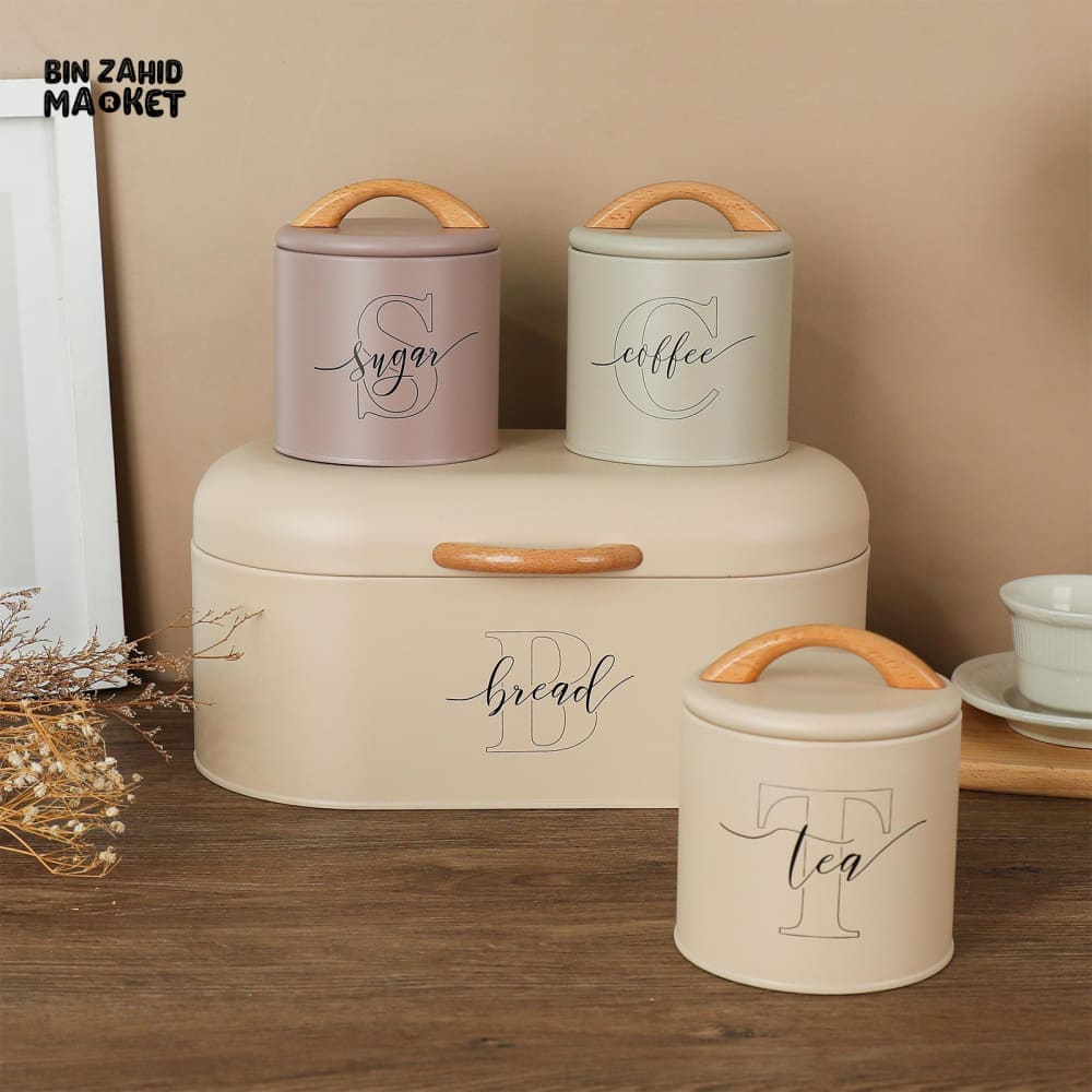 LUXORMOVE PREMIUM METAL CANISTERS – 4 PIECES LABELLED SUGAR TEA COFFEE BREAD