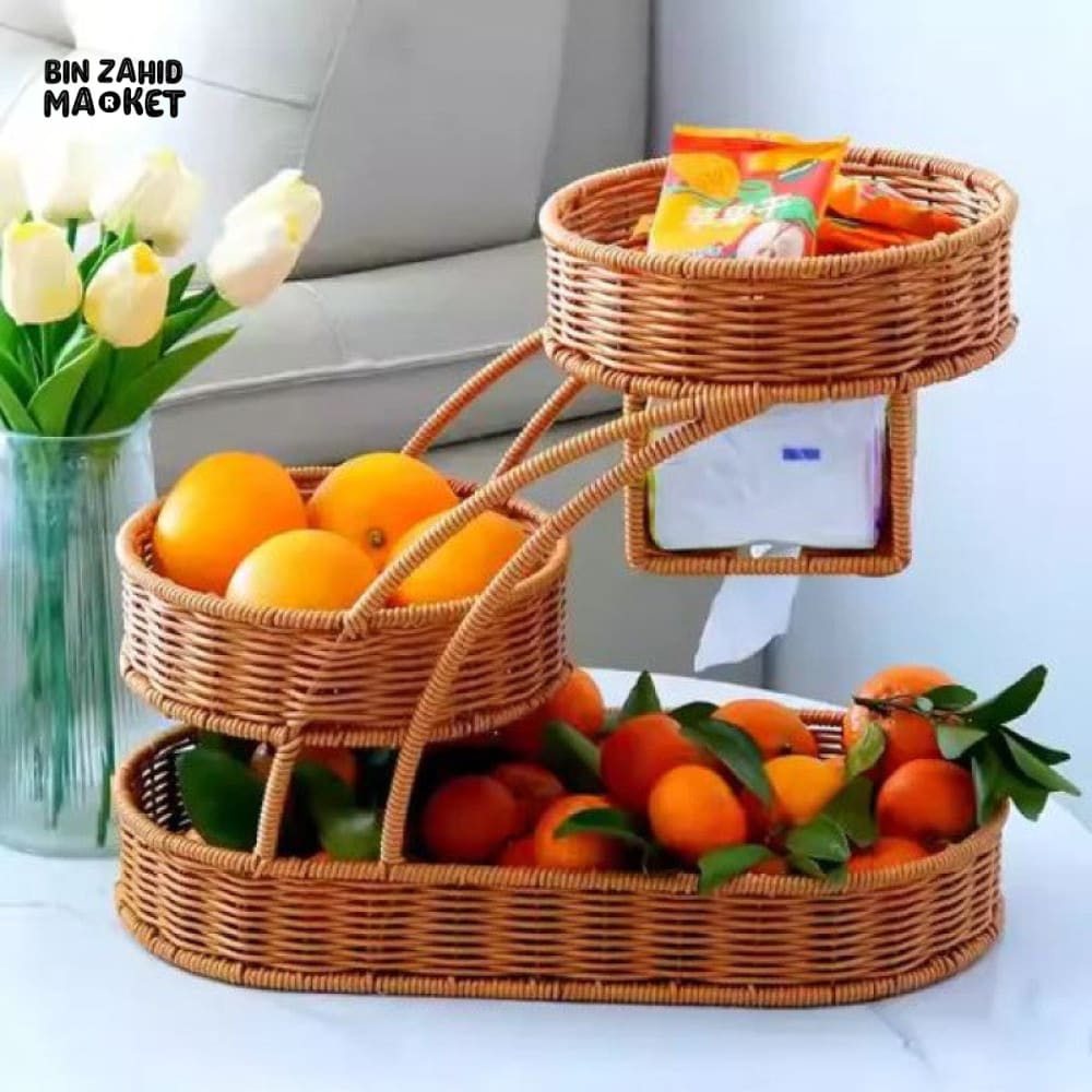 LUXORMOVE RATTAN 3-TIER FRUIT RACK – HANDWOVEN MULTI-LAYER BASKET WITH TISSUE HOLDER