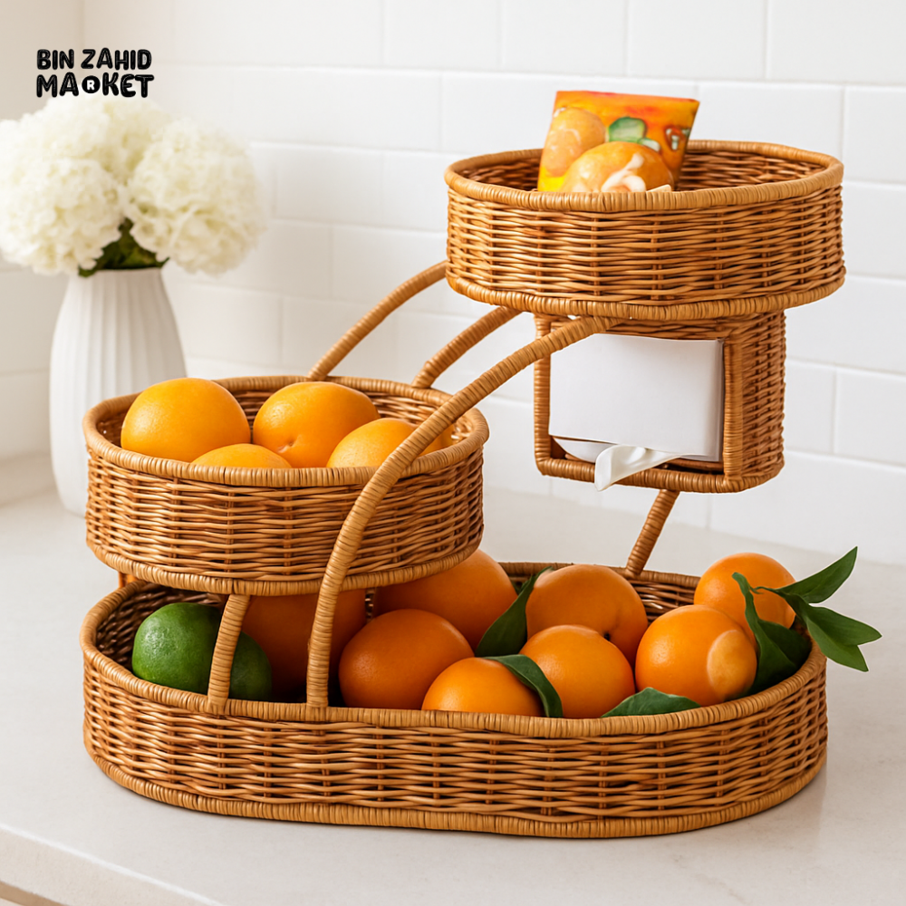 LUXORMOVE RATTAN 3-TIER FRUIT RACK – HANDWOVEN MULTI-LAYER BASKET WITH TISSUE HOLDER