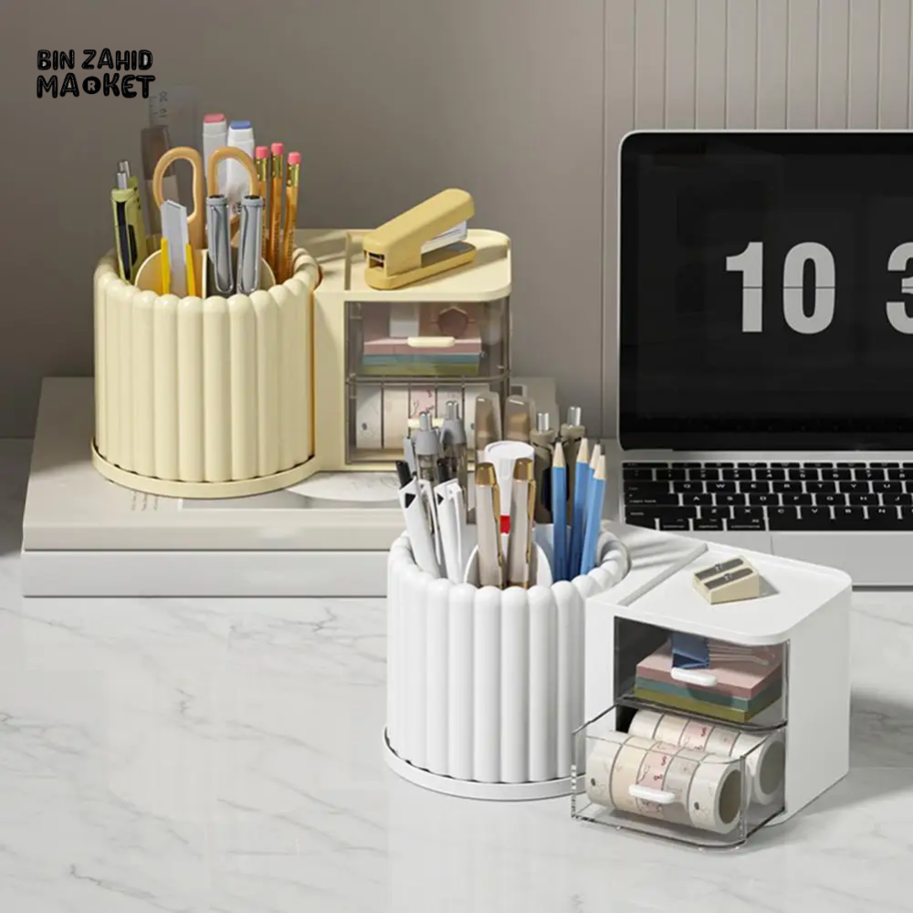 LUXORMOVE ROTATING STORAGE BOX WITH GROOVE DESIGN TRANSPARENT DRAWER FOR HOME OFFICE ORGANIZATIO - WHITE