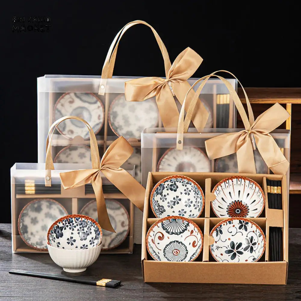 Luxurmove Japanese Style Ceramic Printed Bowls with Gift Bag & Chopsticks