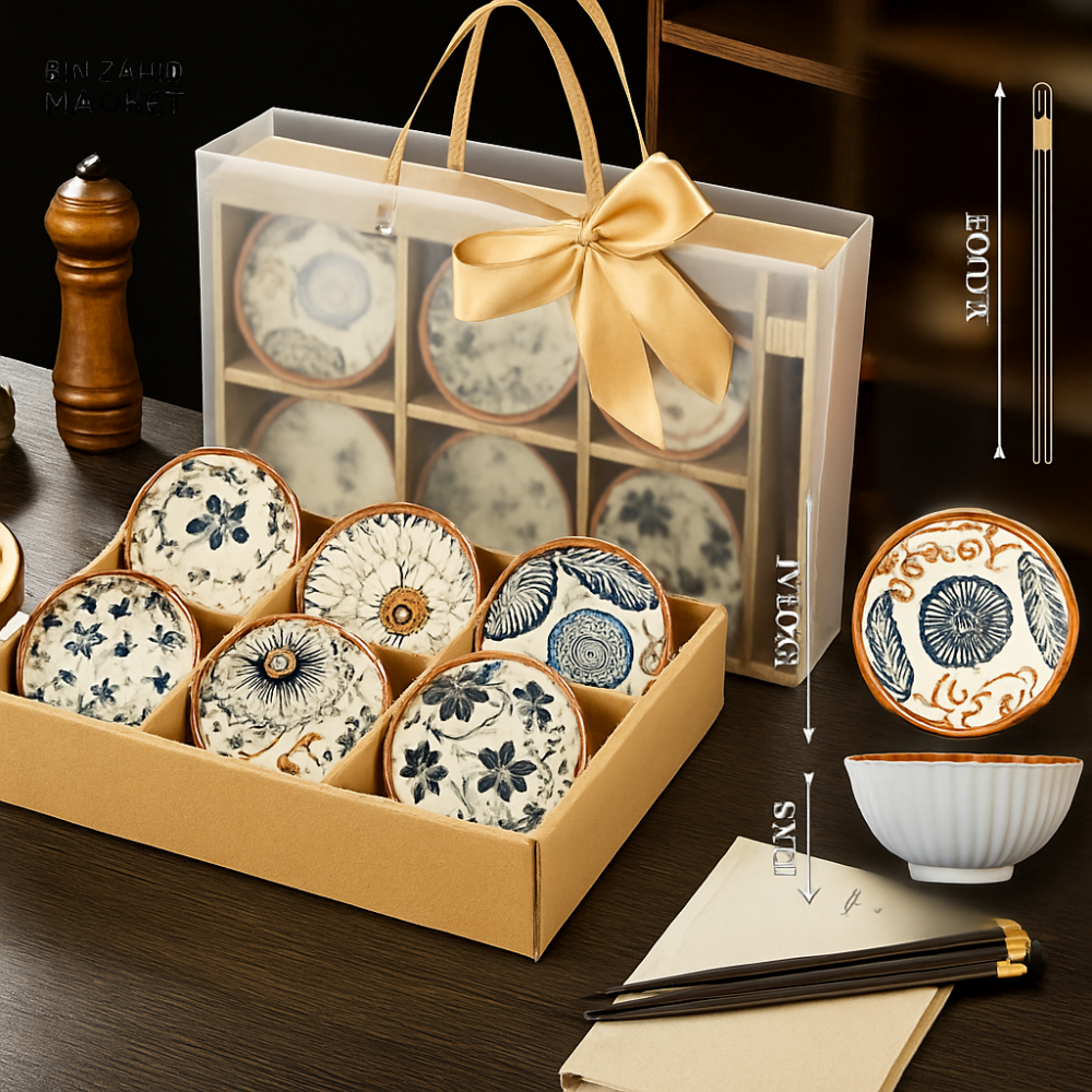 LUXURMOVE JAPANESE STYLE CERAMIC PRINTED BOWLS WITH GIFT BAG & CHOPSTICKS