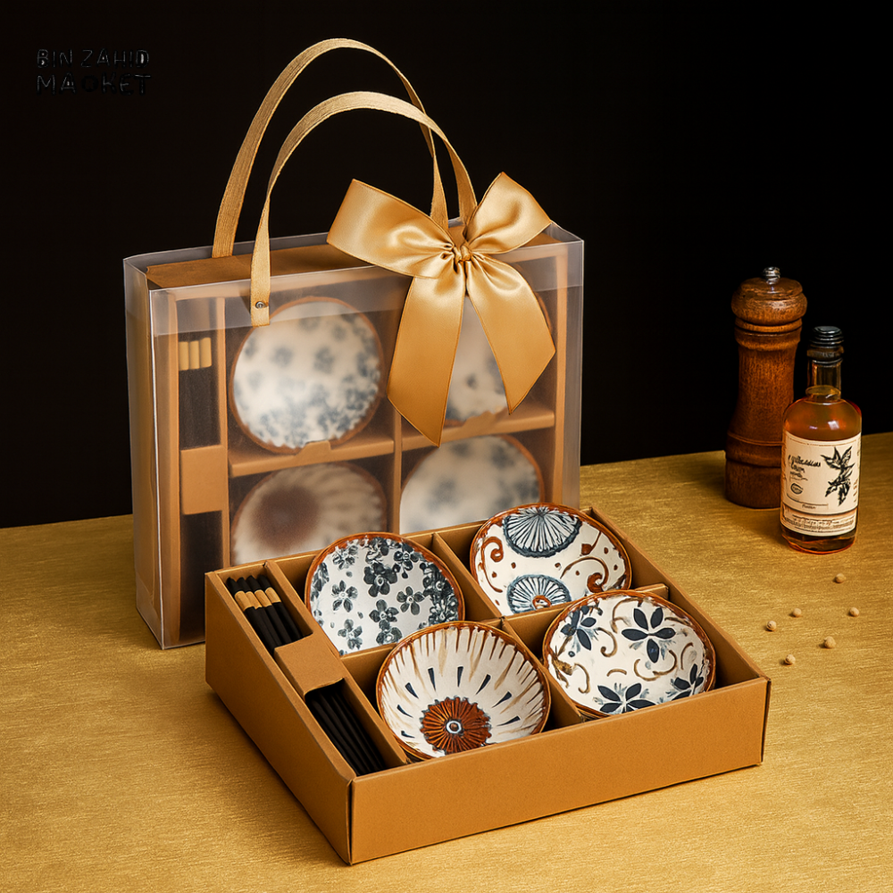 LUXURMOVE JAPANESE STYLE CERAMIC PRINTED BOWLS WITH GIFT BAG & CHOPSTICKS 4 PIECES