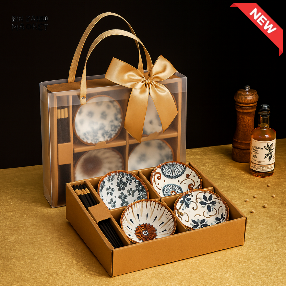 LUXURMOVE JAPANESE STYLE CERAMIC PRINTED BOWLS WITH GIFT BAG & CHOPSTICKS 4 PIECES