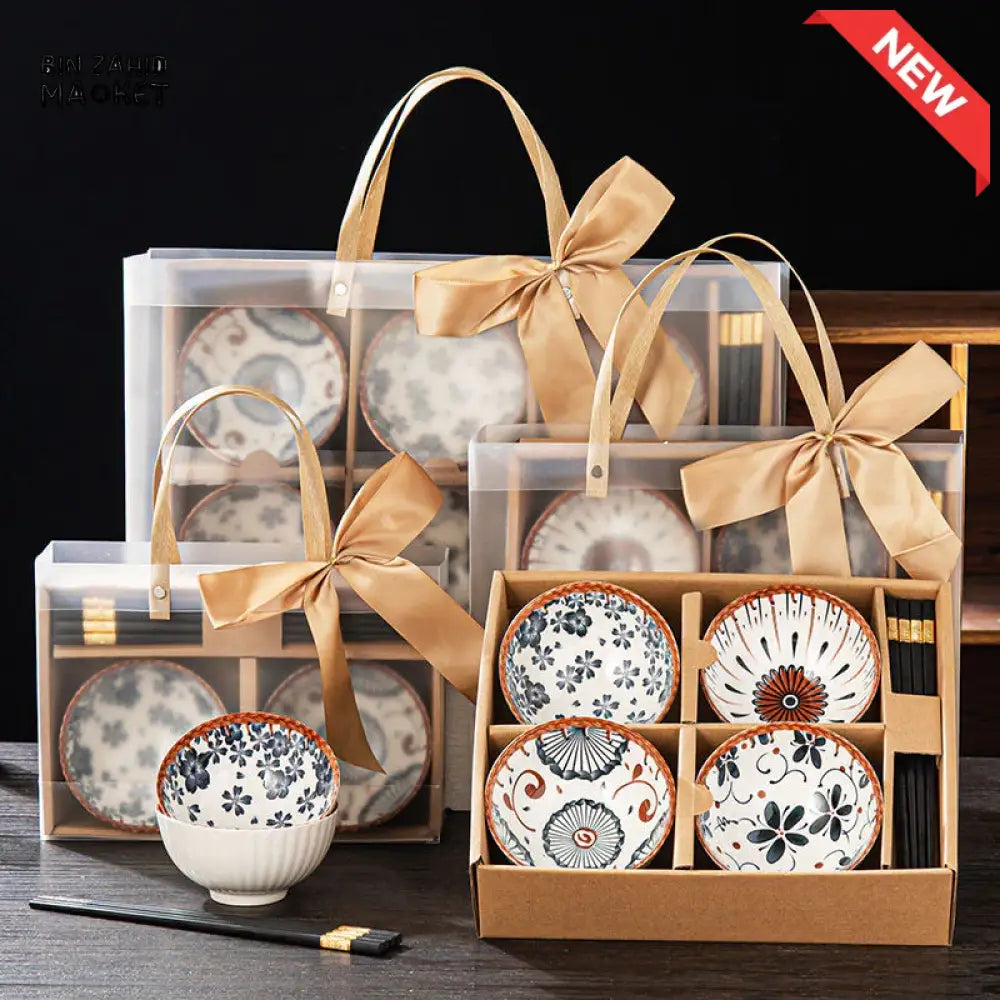 LUXURMOVE JAPANESE STYLE CERAMIC PRINTED BOWLS WITH GIFT BAG & CHOPSTICKS