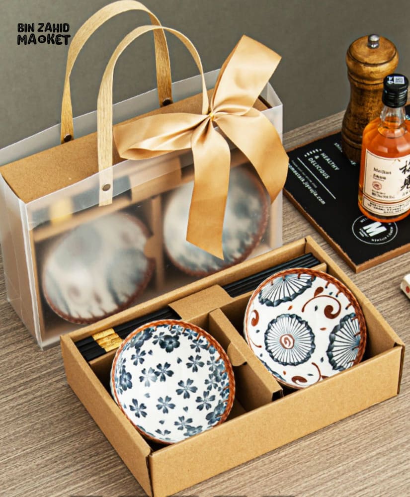 LUXURMOVE JAPANESE STYLE CERAMIC PRINTED BOWLS WITH GIFT BAG & CHOPSTICKS
