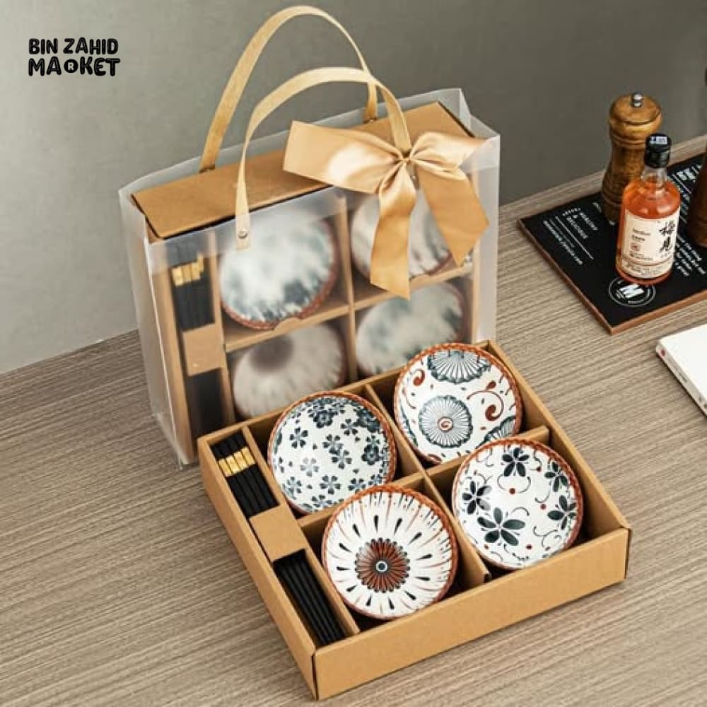 LUXURMOVE JAPANESE STYLE CERAMIC PRINTED BOWLS WITH GIFT BAG & CHOPSTICKS