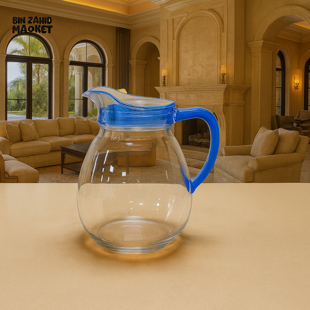 LUXURWAVE ELEGANT CLEAR GLASS JUG – MODERN WATER & JUICE SERVER FOR DINING TABLE & KITCHEN USE - BLUE KY812