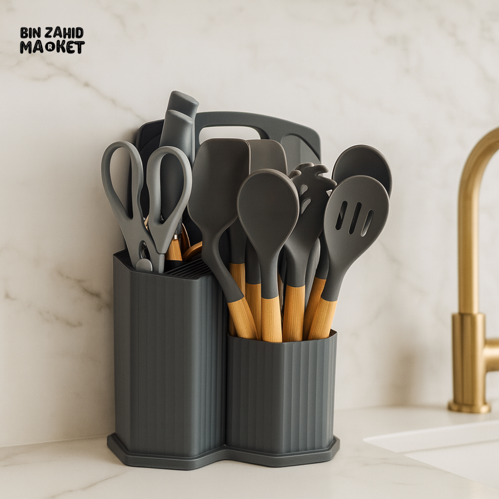 LUXURY 19-PIECE KITCHEN UTENSIL SET – HEAT-RESISTANT SILICONE WOOD HANDLES HOLDER INCLUDED