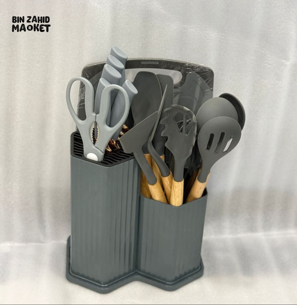LUXURY 19-PIECE KITCHEN UTENSIL SET – HEAT-RESISTANT SILICONE WOOD HANDLES HOLDER INCLUDED