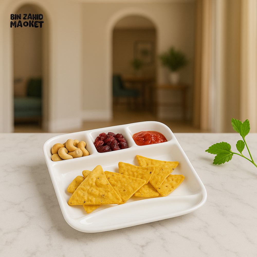 LUXURY 2-PIECE CERAMIC SNACK PLATE SET – 5-COMPARTMENT SERVING TRAYS FOR NACHOS, DRY FRUITS & SAUCES