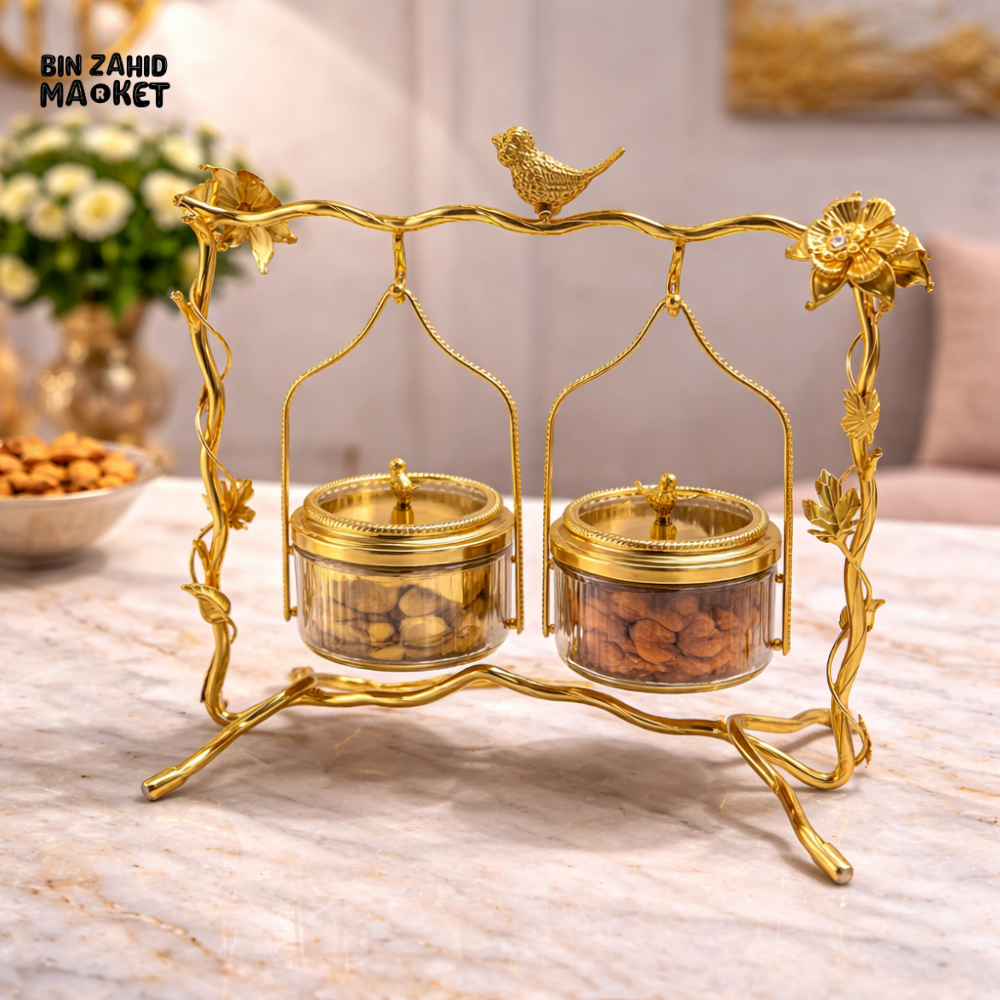 LUXURY 2-PIECES HANGING DRY FRUIT JAR SET WITH GOLD STAND DECORATIVE SERVING HOLDER - GOLDEN