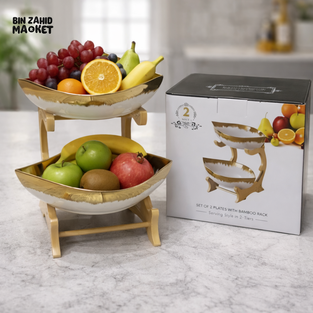 LUXURY 2-TIER CERAMIC FRUIT BOWL WITH BAMBOO STAND – PREMIUM KITCHEN DECOR