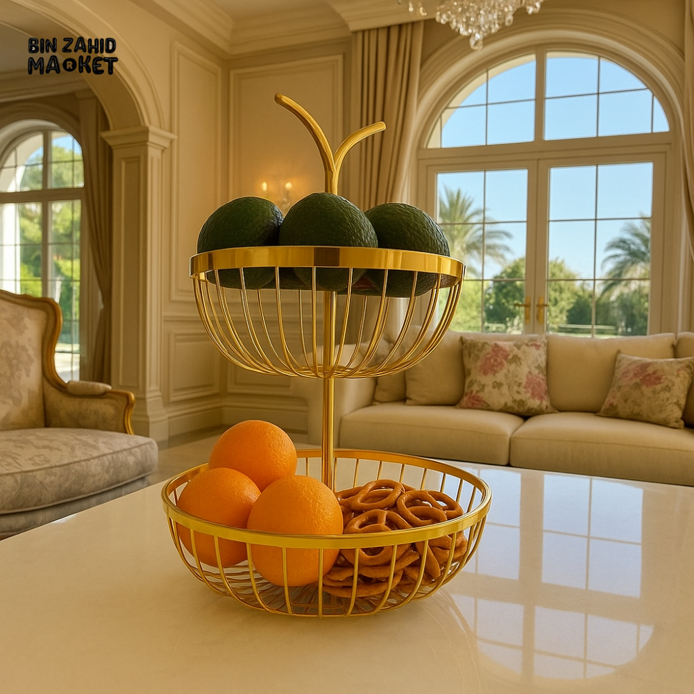 LUXURY 2-TIER GOLD FRUIT & SNACK BASKET – ELEGANT COUNTERTOP ORGANIZER FOR KITCHEN & LIVING ROOM DECOR