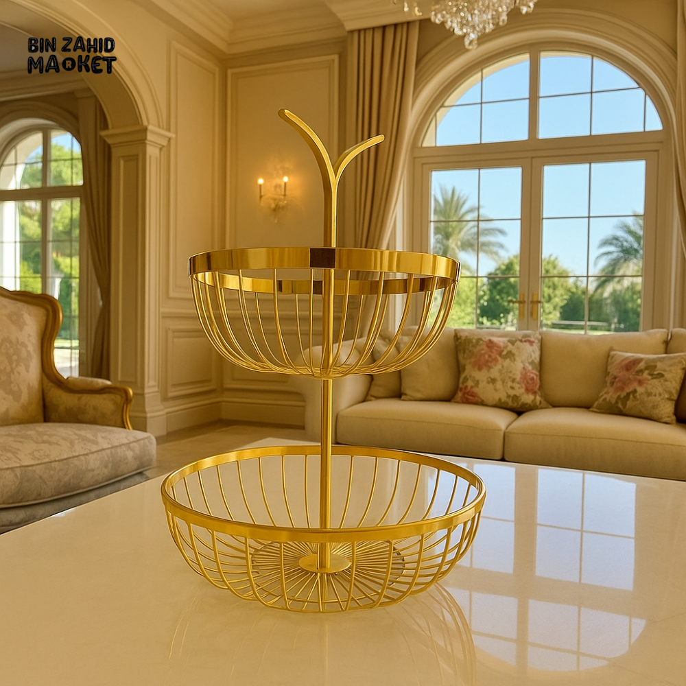 LUXURY 2-TIER GOLD FRUIT & SNACK BASKET – ELEGANT COUNTERTOP ORGANIZER FOR KITCHEN & LIVING ROOM DECOR