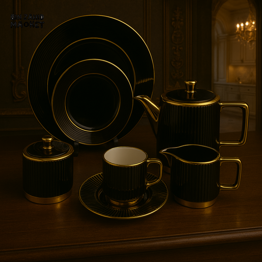 LUXURY 24 PIECE TEA SET – MODERN PORCELAIN DINNERWARE WITH TEAPOT, CUPS & PLATES FOR ELEGANT SERVING - BLACK