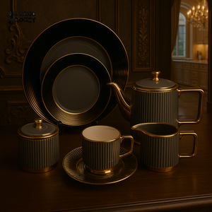 LUXURY 24 PIECE TEA SET – MODERN PORCELAIN DINNERWARE WITH TEAPOT, CUPS & PLATES FOR ELEGANT SERVING - GRAY