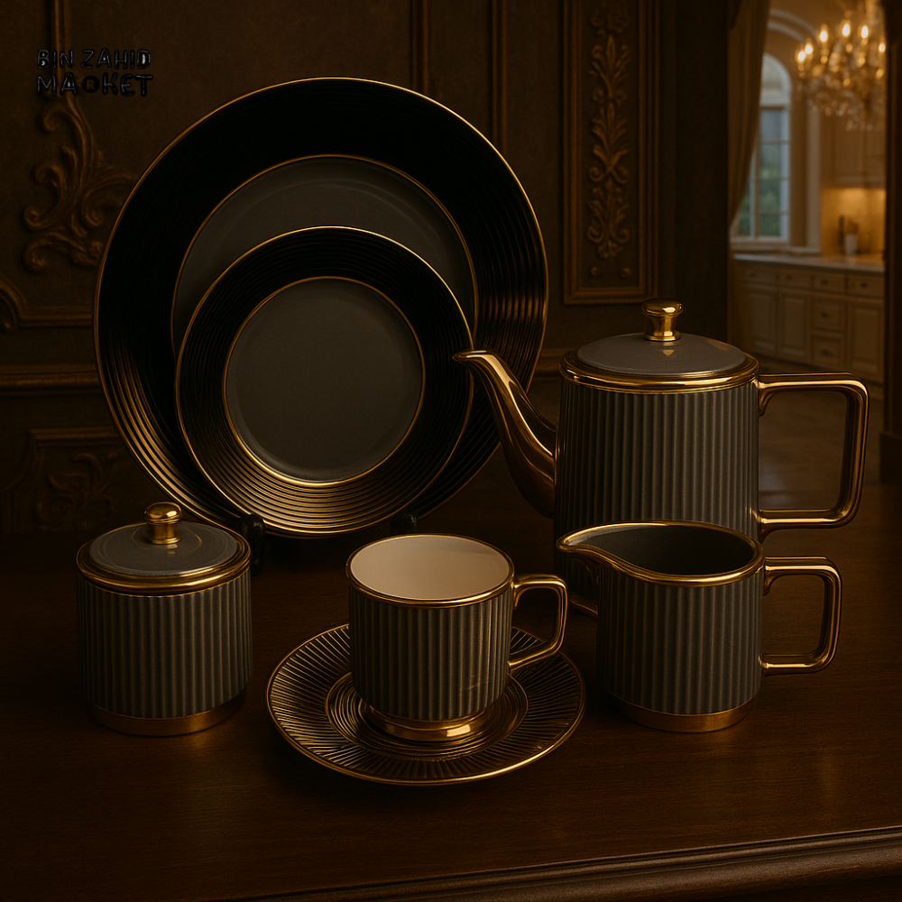 LUXURY 24 PIECE TEA SET – MODERN PORCELAIN DINNERWARE WITH TEAPOT, CUPS & PLATES FOR ELEGANT SERVING - GRAY
