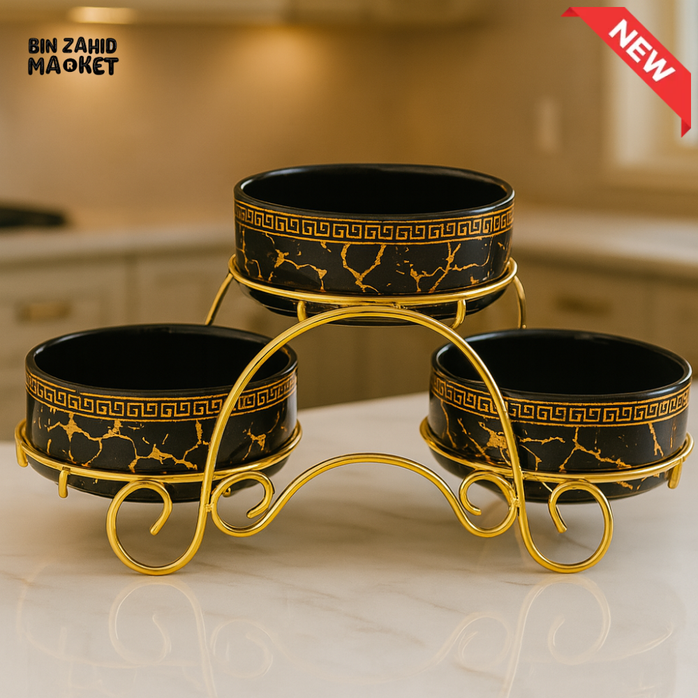 LUXURY 3-BOWL CERAMIC SNACK SERVER – BLACK MARBLE WITH GOLD STAND