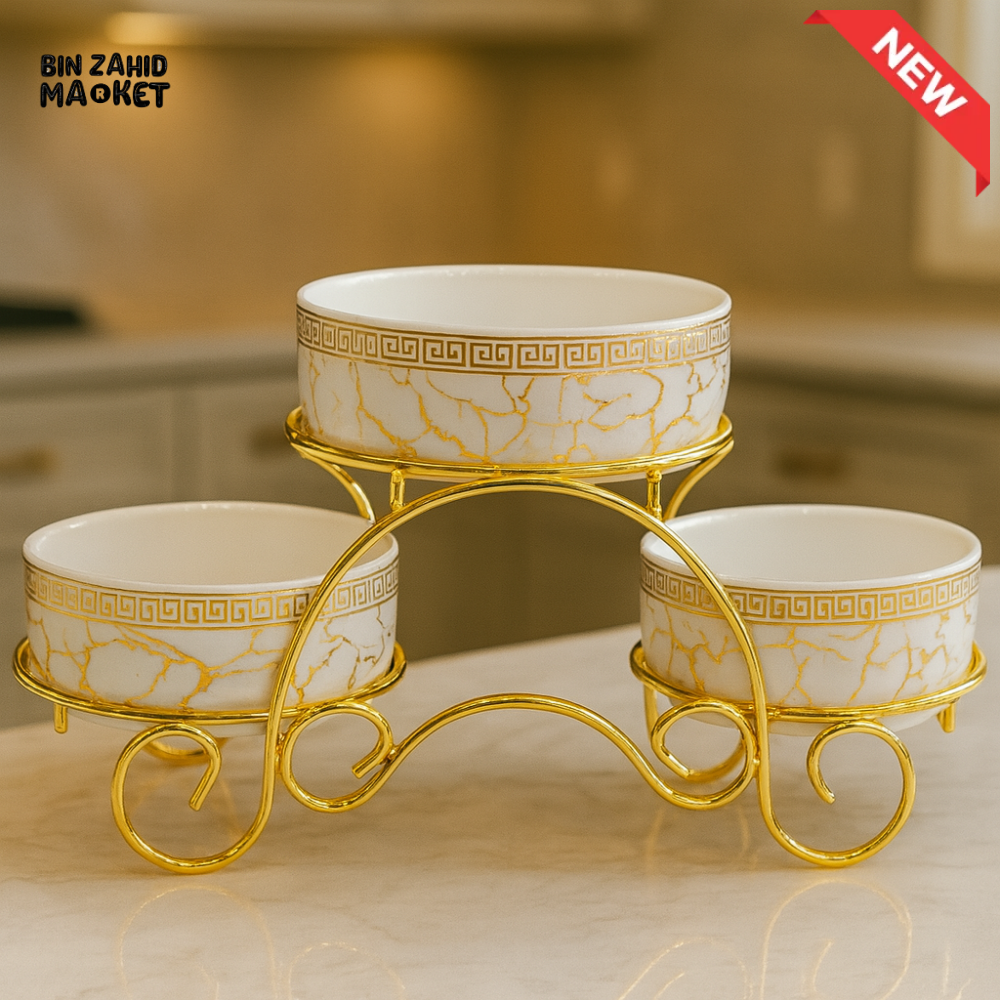 LUXURY 3-BOWL CERAMIC SNACK SERVER – WHITE MARBLE WITH GOLD STAND