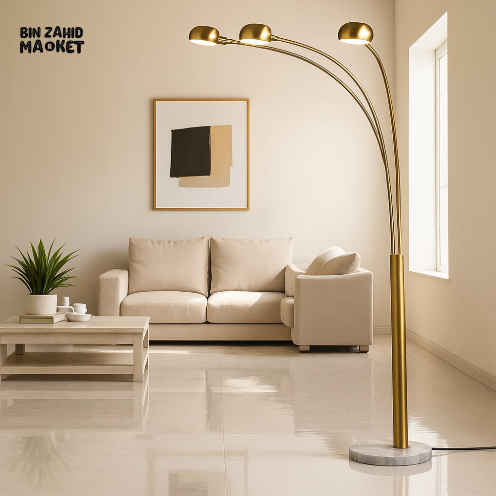 LUXURY 3-HEAD GOLD ARC FLOOR LAMP – MARBLE BASE MODERN STANDING LIGHT FOR HOME & OFFICE