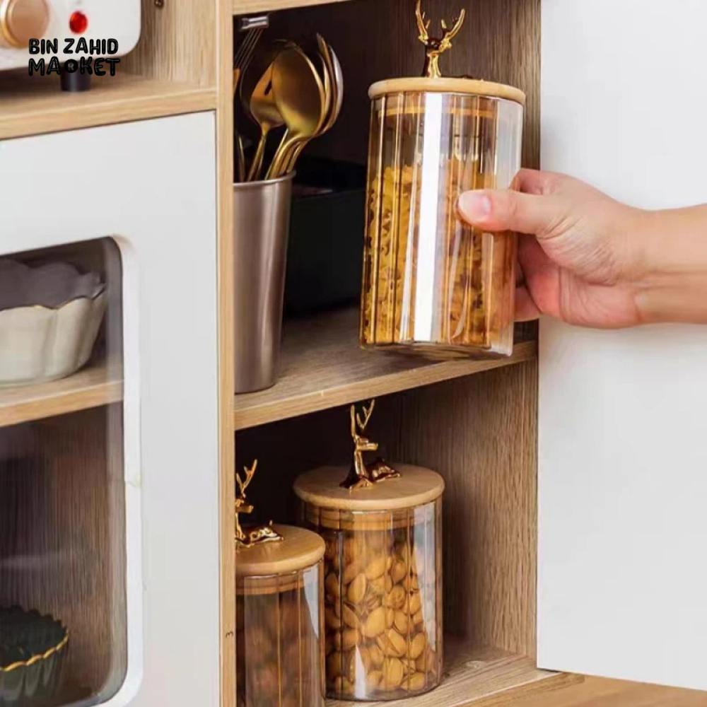 LUXURY 3-PIECE STORAGE JAR SET WITH WOODEN LIDS & DEER HEAD DESIGN ELEGANT COFFEE & SNACK CONTAINERS FOR KITCHEN DECOR
