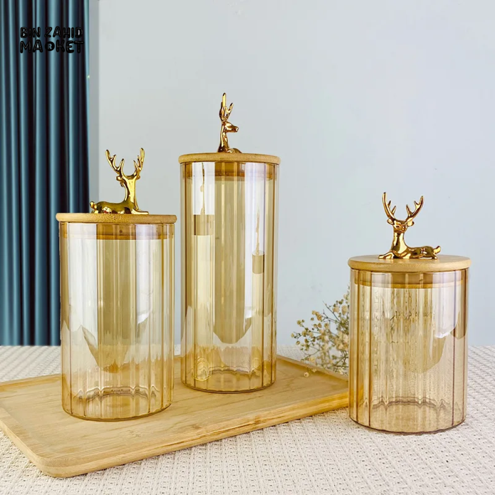 LUXURY 3-PIECE STORAGE JAR SET WITH WOODEN LIDS & DEER HEAD DESIGN ELEGANT COFFEE & SNACK CONTAINERS FOR KITCHEN DECOR