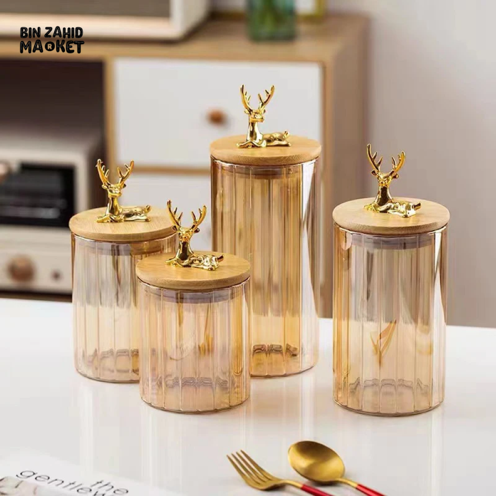 LUXURY 3-PIECE STORAGE JAR SET WITH WOODEN LIDS & DEER HEAD DESIGN ELEGANT COFFEE & SNACK CONTAINERS FOR KITCHEN DECOR