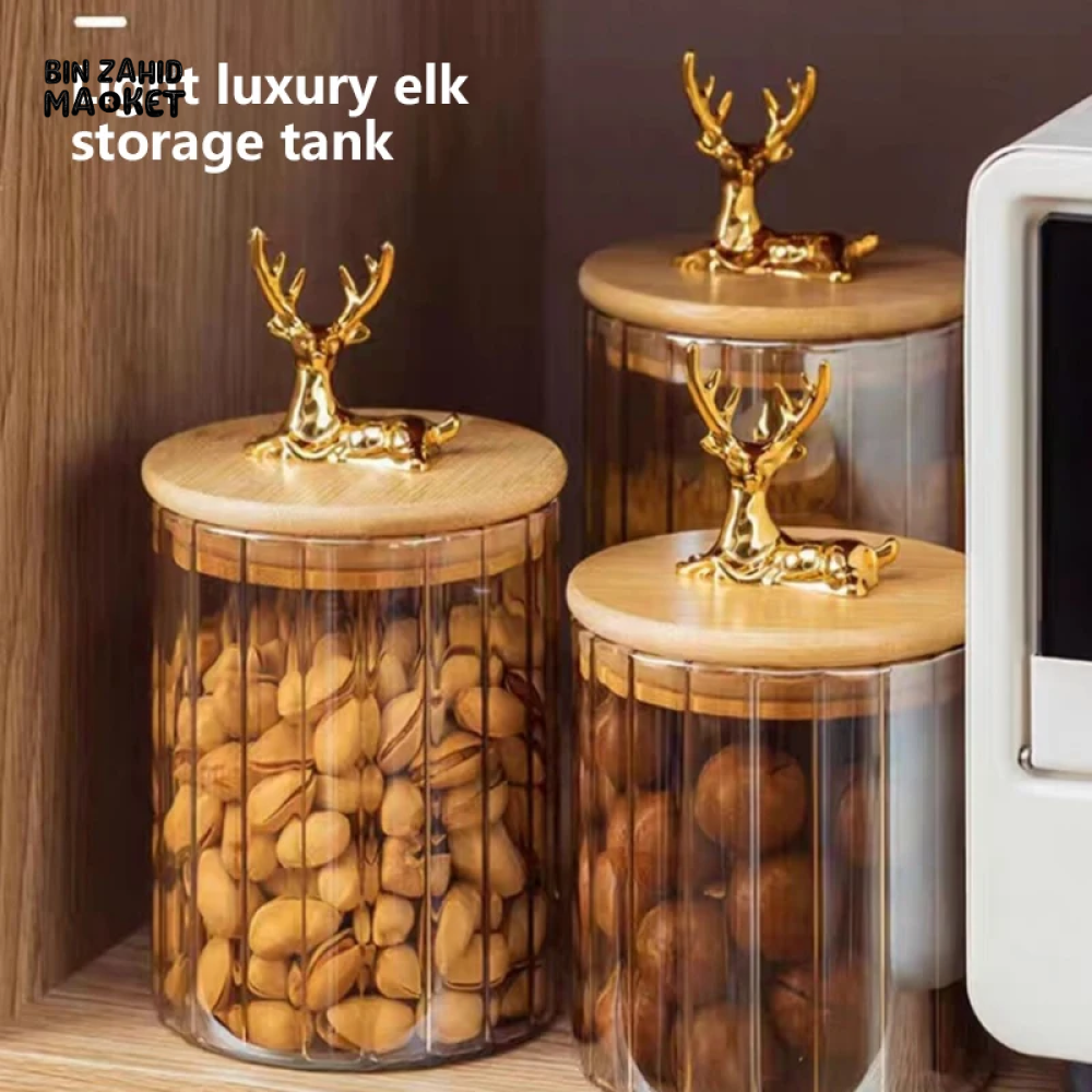 LUXURY 3-PIECE STORAGE JAR SET WITH WOODEN LIDS & DEER HEAD DESIGN ELEGANT COFFEE & SNACK CONTAINERS FOR KITCHEN DECOR
