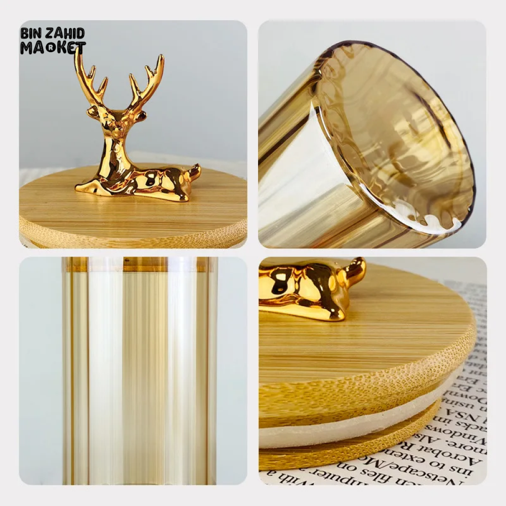 LUXURY 3-PIECE STORAGE JAR SET WITH WOODEN LIDS & DEER HEAD DESIGN ELEGANT COFFEE & SNACK CONTAINERS FOR KITCHEN DECOR
