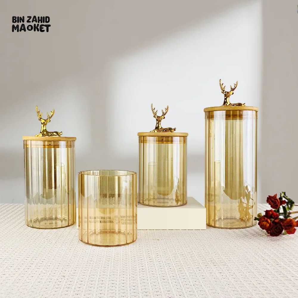 LUXURY 3-PIECE STORAGE JAR SET WITH WOODEN LIDS & DEER HEAD DESIGN ELEGANT COFFEE & SNACK CONTAINERS FOR KITCHEN DECOR